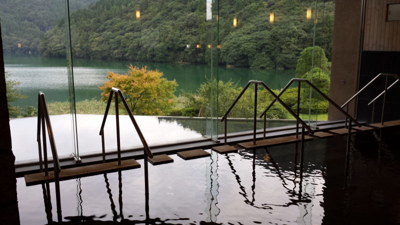 The view from the large men's indoor bath, overlooking Oshidori Lake.  While not as scalding as some onsen waters, this bath is comfortable and leaves your skin fresh and soft.
